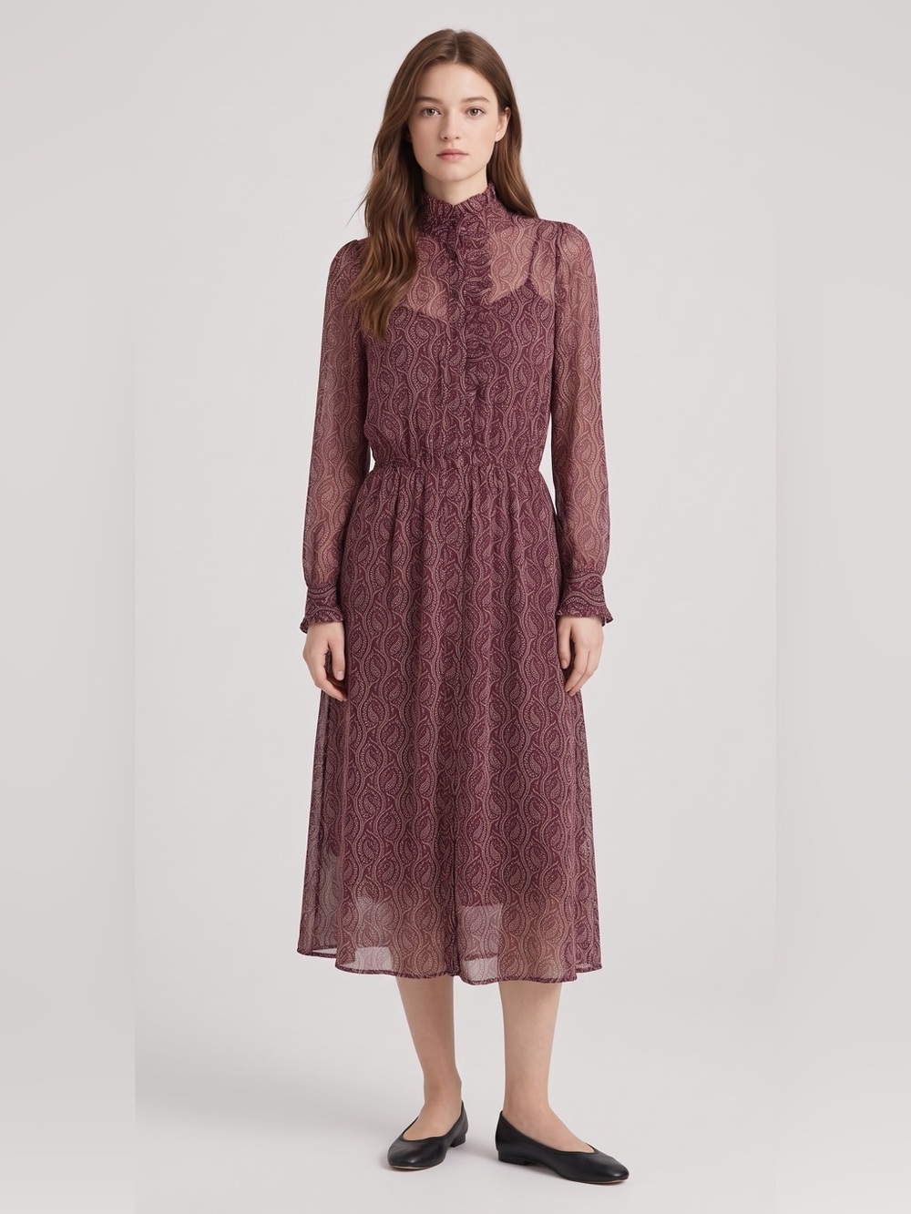 Banana Republic Plum Chiffon Semi-Sheer Midi Dress. Ruffled. Vintage style. S